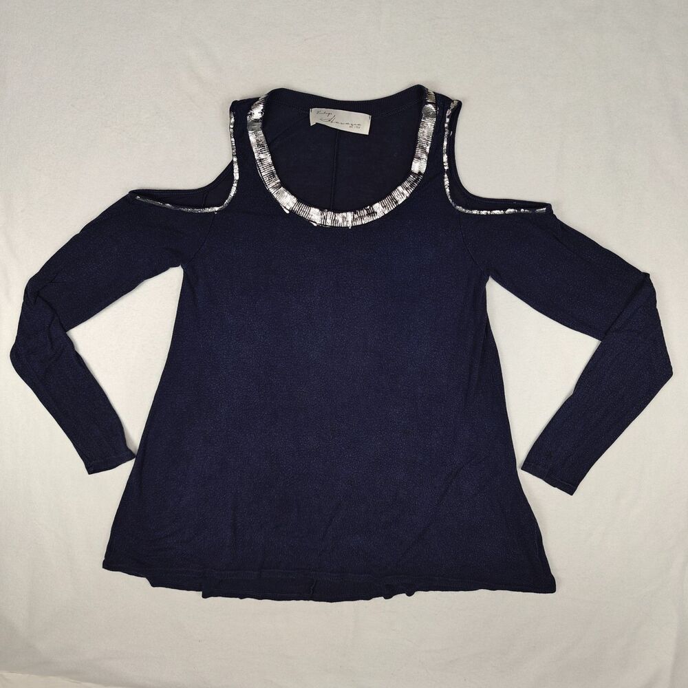 Vintage Havana Distressed Silver Trim Cold Shoulder Tunic Top Size S Y2K Flowy - Picture 2 of 9